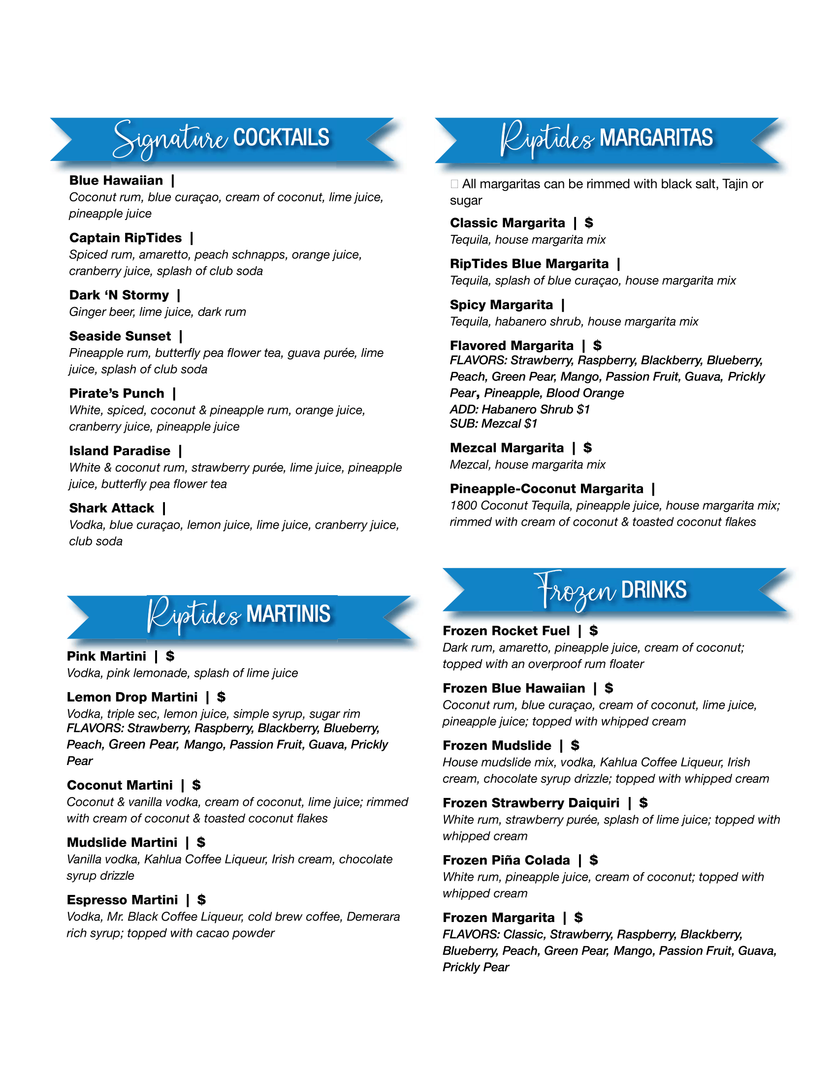 RipTides drink menu, page 1