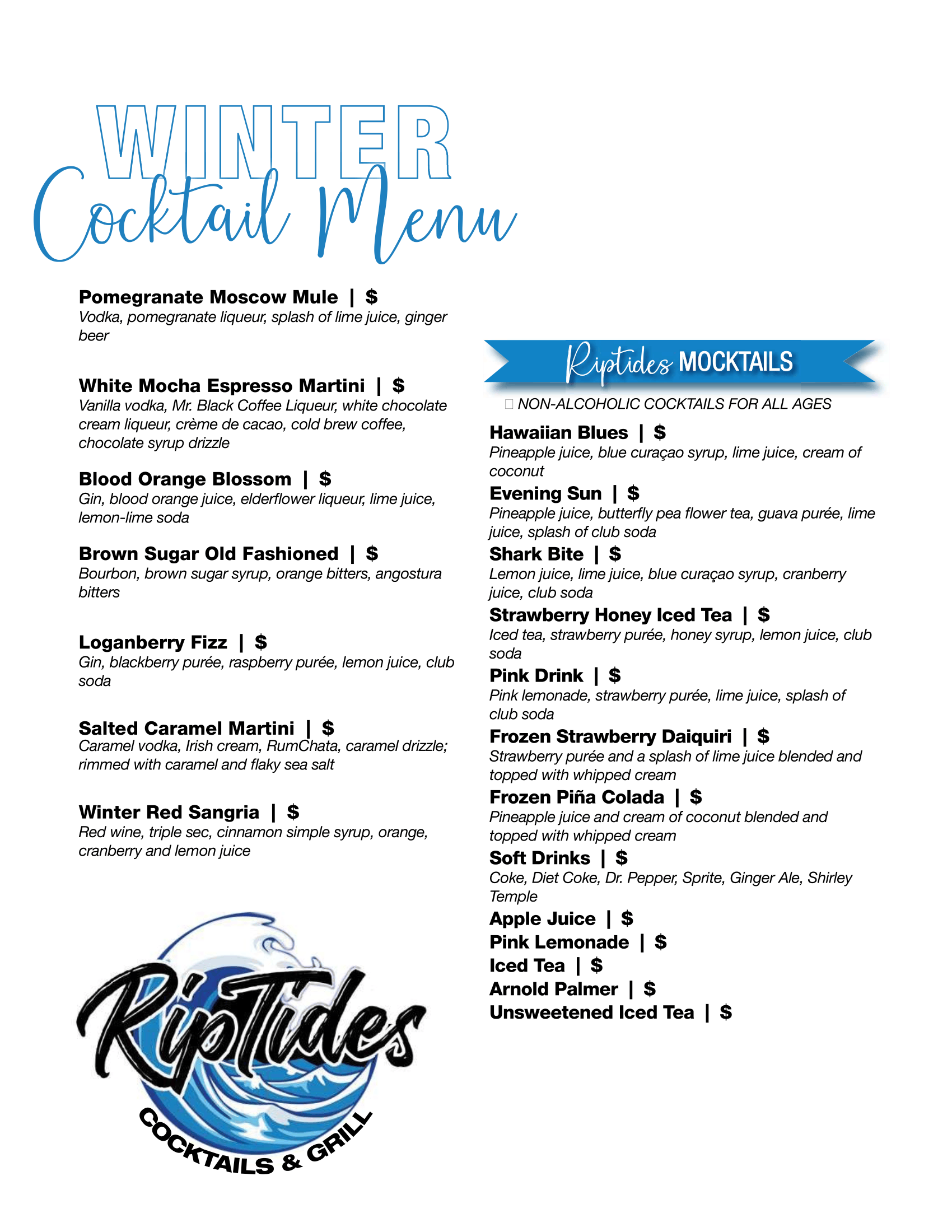 RipTides drink menu, page 2
