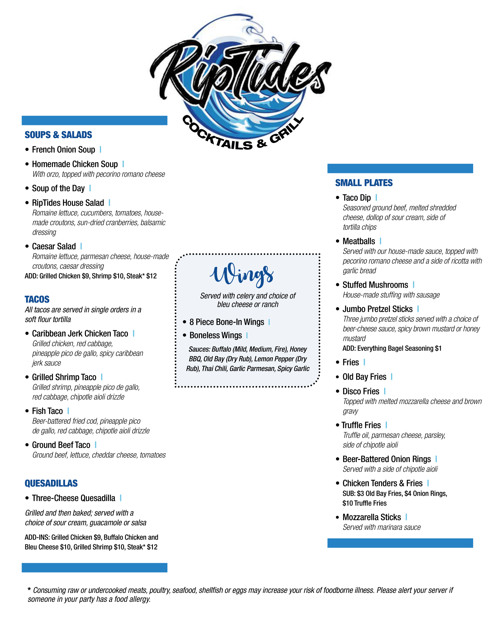 RipTides food menu, page 1