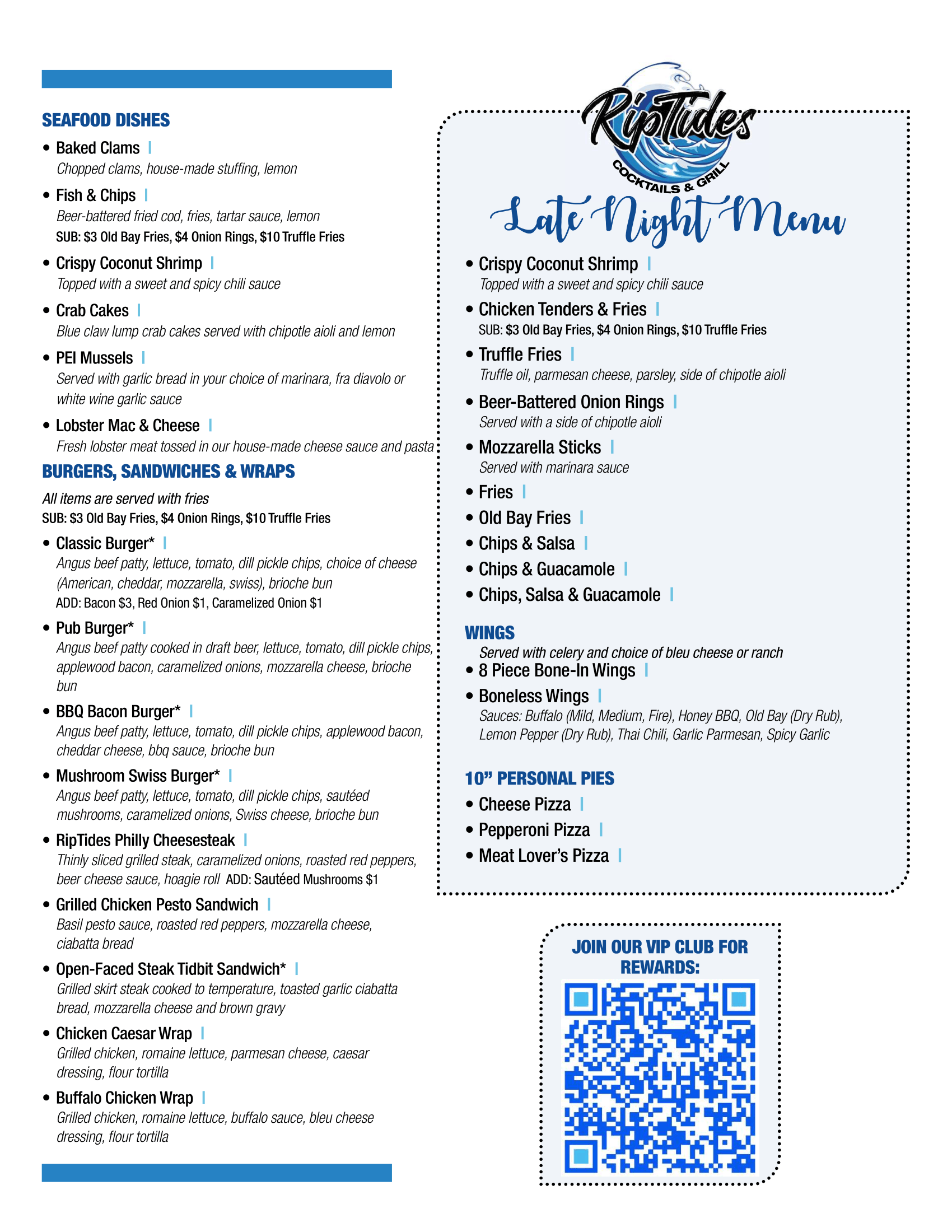 RipTides food menu, page 2
